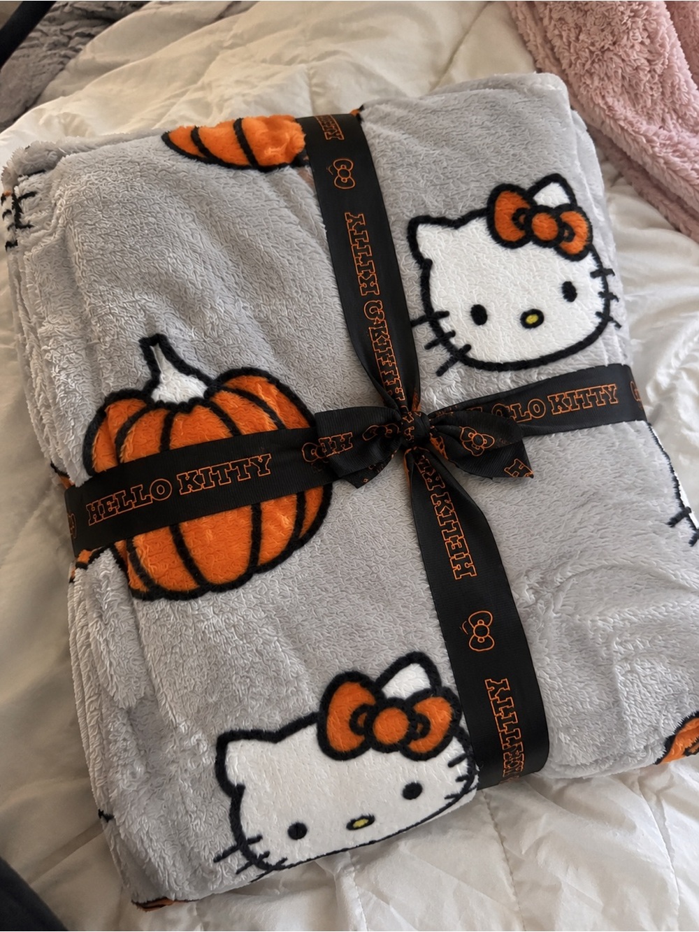 Hello Kitty Gray Plush Throw with Orange Pumpkin Accents